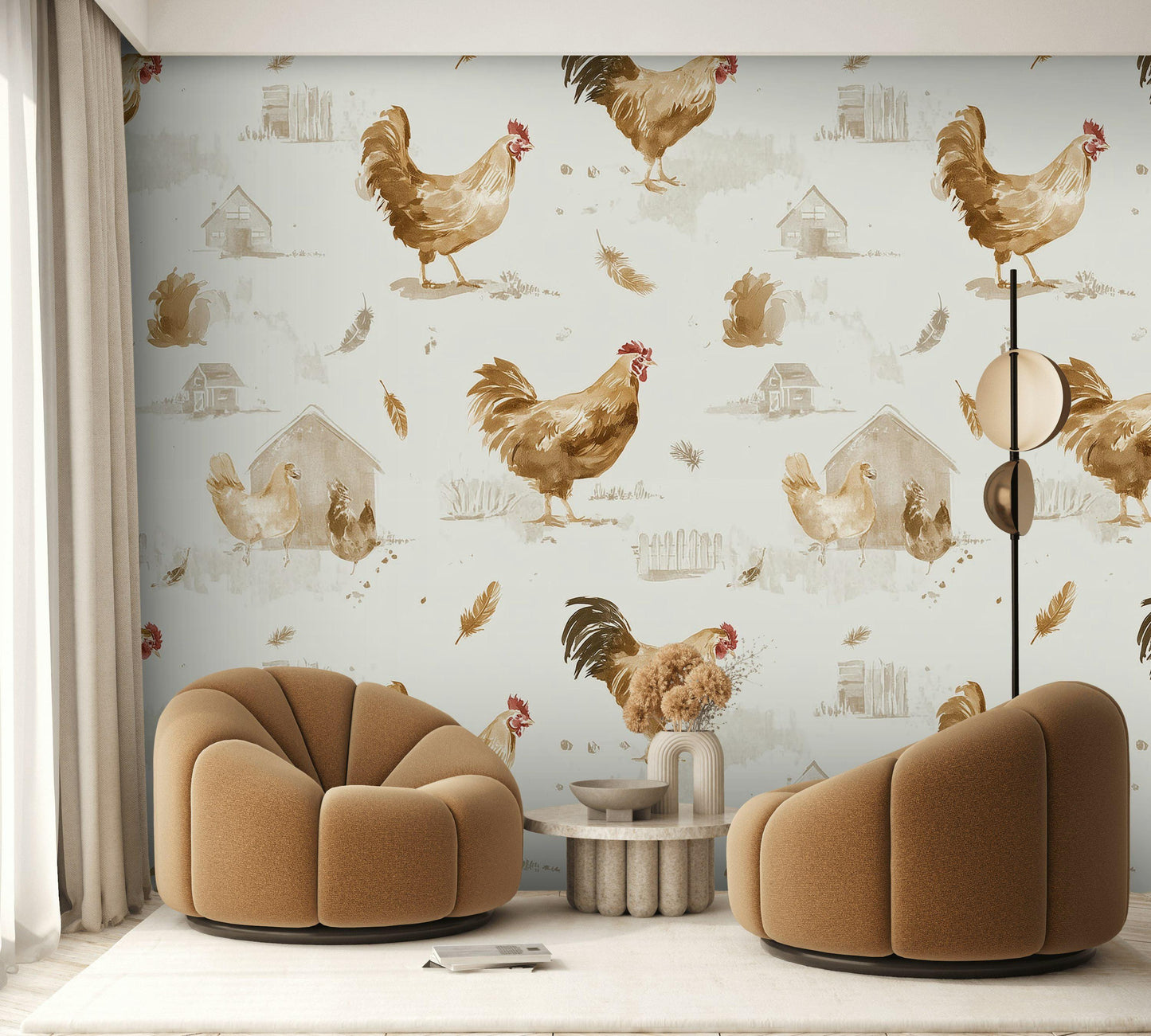 Farmhouse Rooster Chicken Wallpaper | Rustic Country Wall Mural | Watercolor Peel and Stick Decor