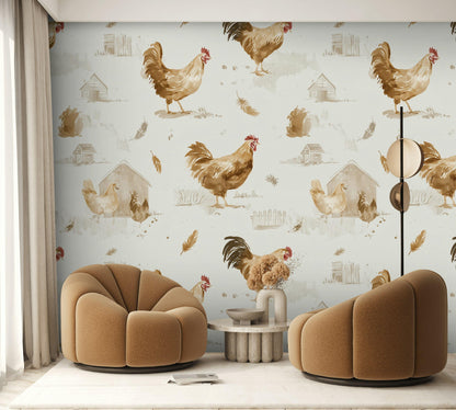 Farmhouse Rooster Chicken Wallpaper | Rustic Country Wall Mural | Watercolor Peel and Stick Decor