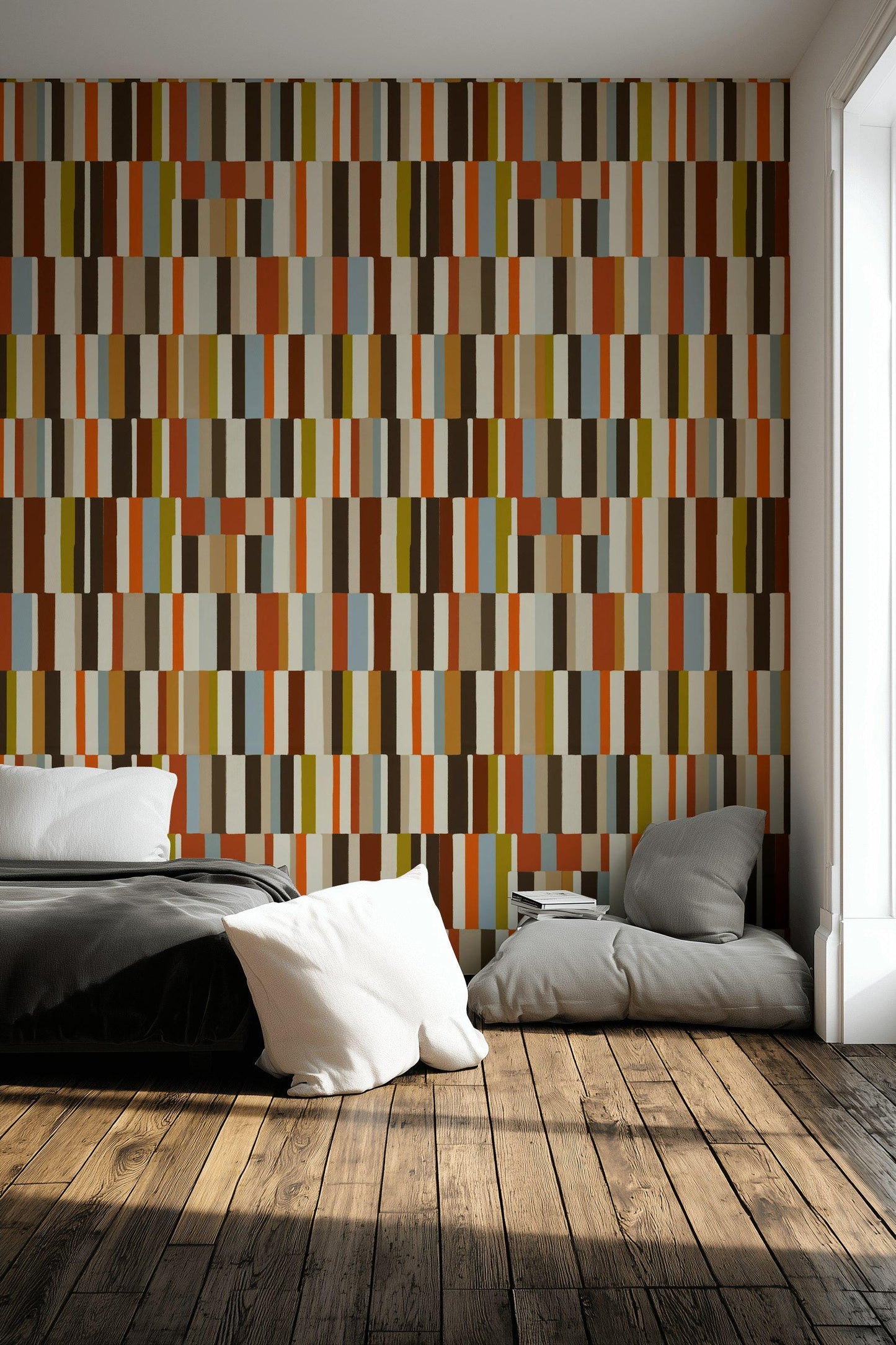 Mid-Century Modern Wallpaper, Retro Color Blocks Vertical Stripe Mural, Peel & Stick or Unpasted Panel