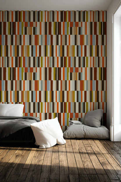 Mid-Century Modern Wallpaper, Retro Color Blocks Vertical Stripe Mural, Peel & Stick or Unpasted Panel