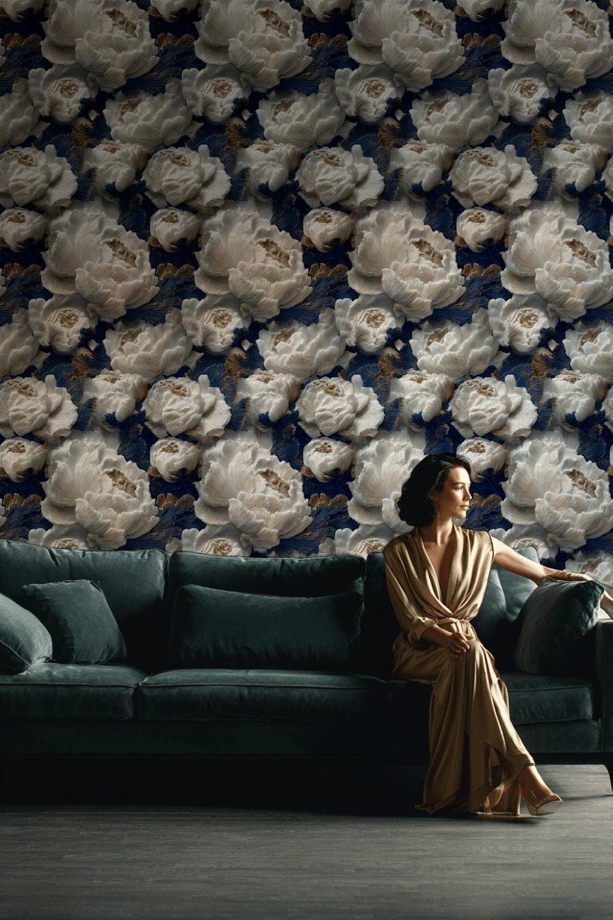 Textured Peony Flower Wallpaper: Navy Blue & Gold Glam Mural