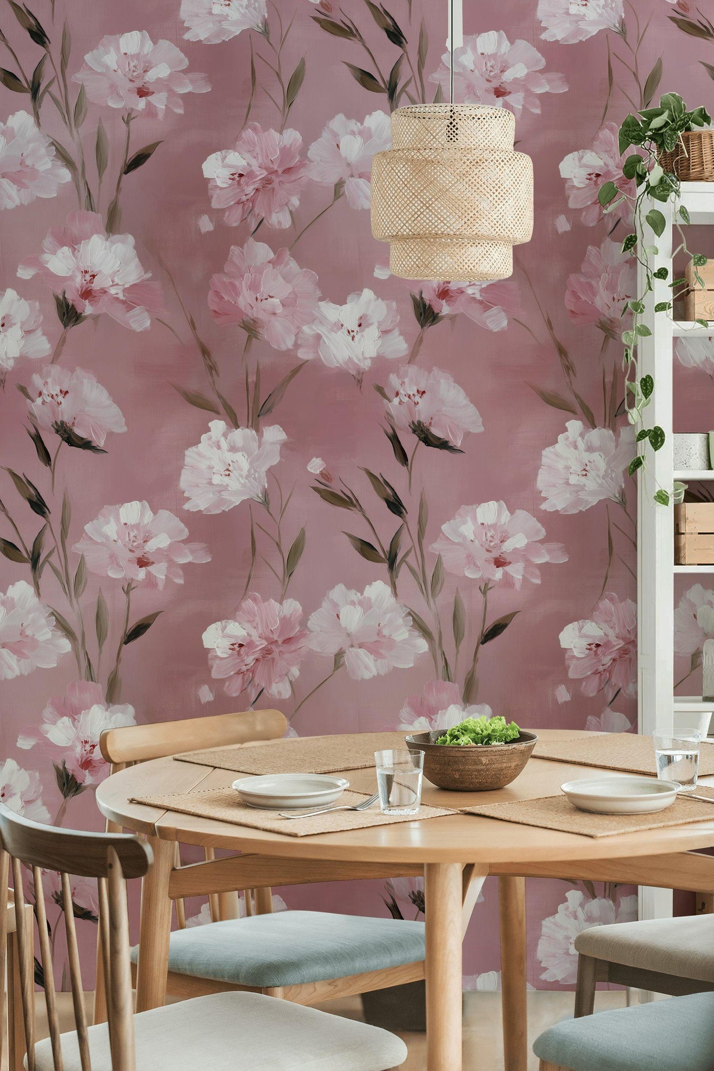 Romantic Pink Floral Wallpaper | Soft Textured Flower Wall Mural | Blush Peel and Stick Decor