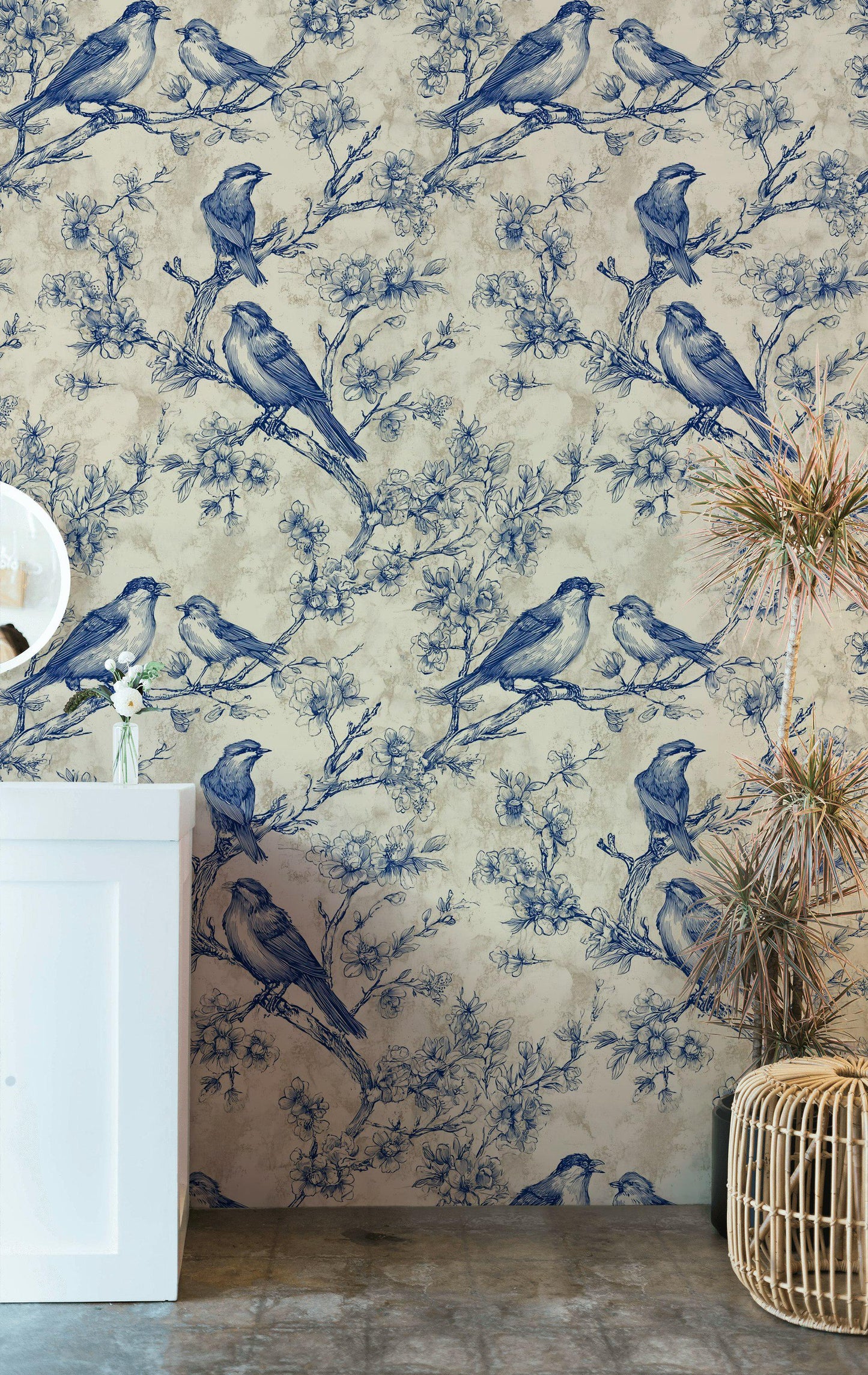 Chinoiserie Bird & Branch Wallpaper | Toile Style Wall Mural | Blue Botanical Peel and Stick Decor