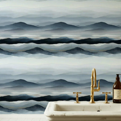 Blue Gray Mountain Wallpaper Mural: Gold Line Peel and Stick