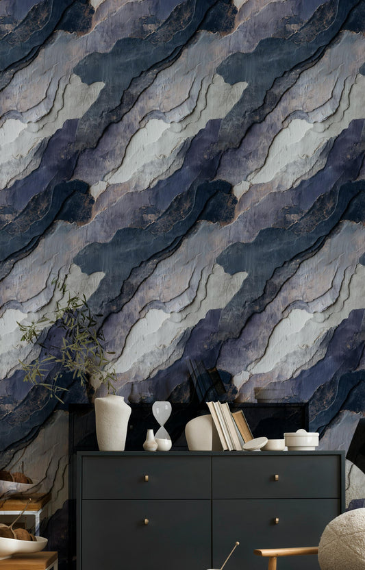 Navy Blue Stone Texture Wallpaper: Layered Abstract Peel and Stick Wall Mural