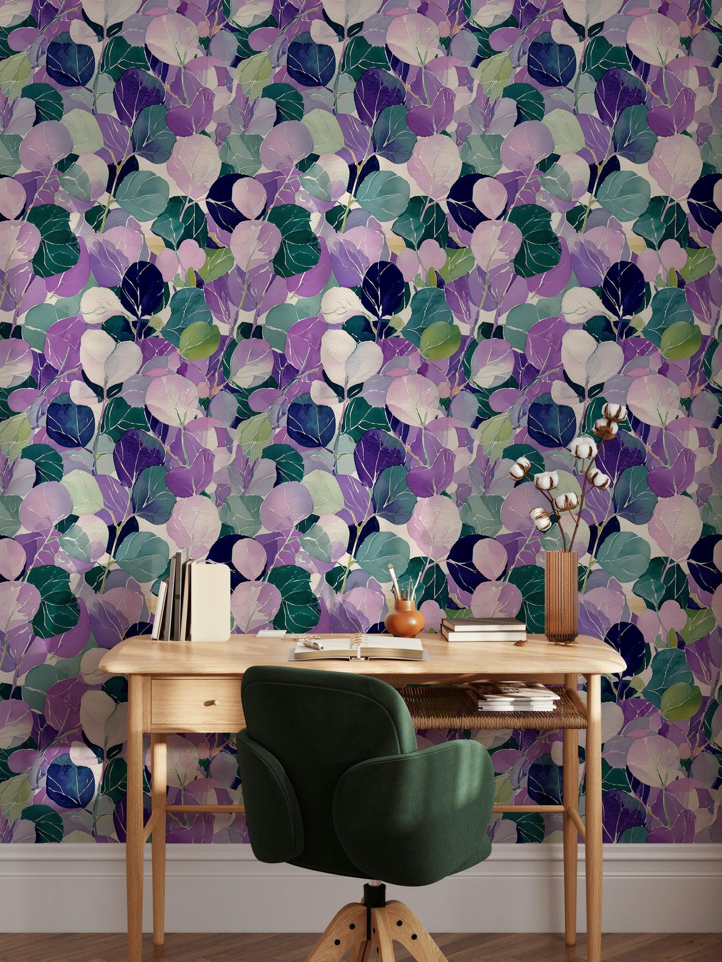 Watercolor Leaf Peel and Stick Wallpaper: Purple Green Botanical Wall Mural