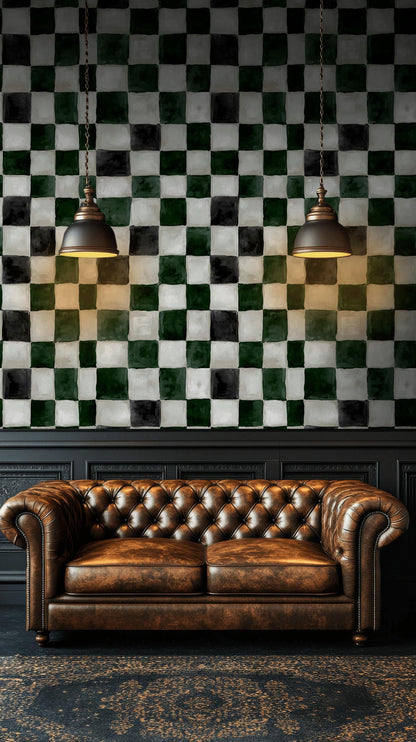 Hand-Painted Checkerboard Wallpaper | Rustic Farmhouse Wall Mural | Green Plaid Peel and Stick Decor