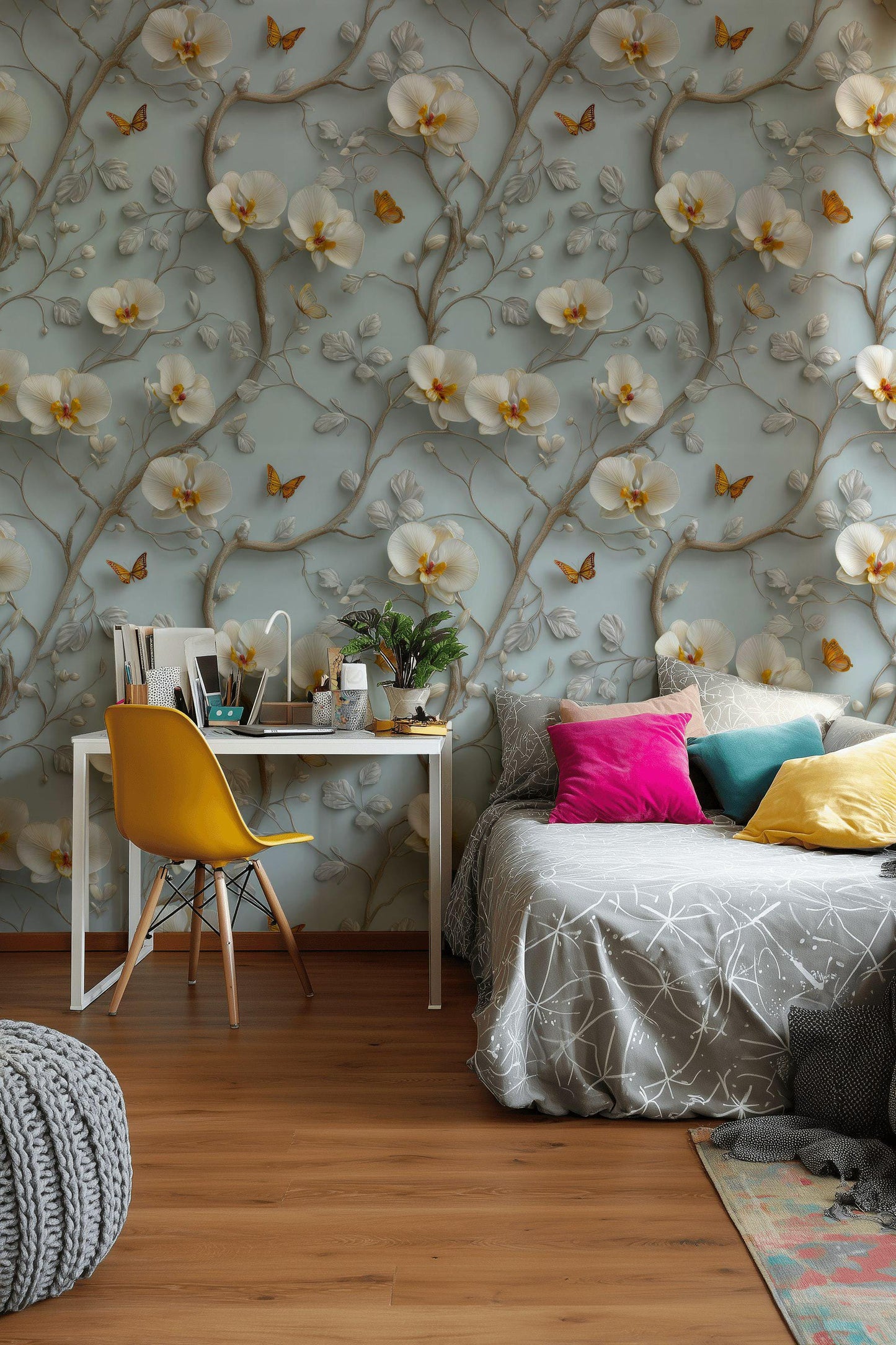3D Orchid Wallpaper: Blue & White Butterfly Wall Mural - Peel and Stick