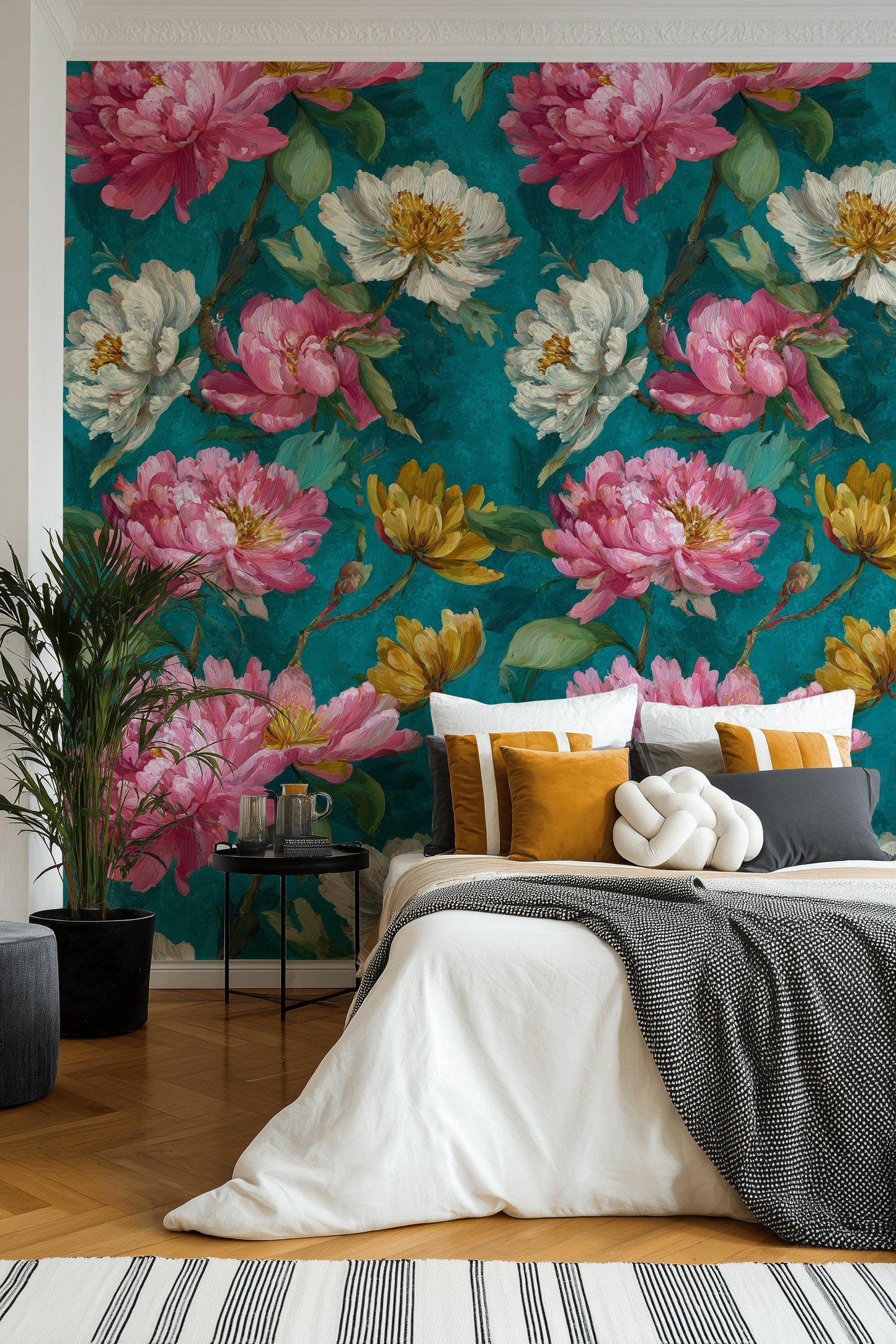 Impasto Peony Wallpaper Mural: Turquoise & Pink Floral Peel and Stick Art