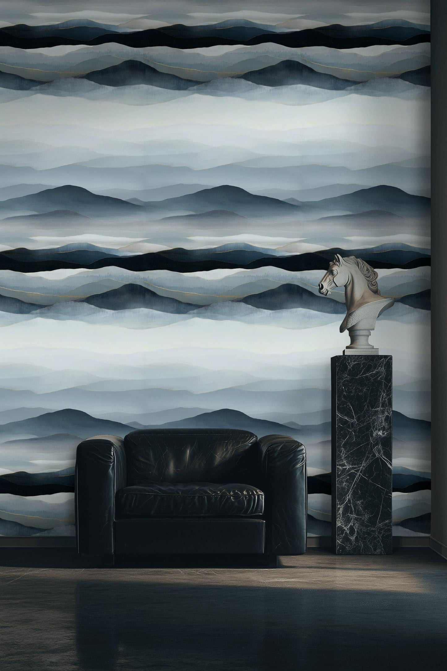 Blue Gray Mountain Wallpaper Mural: Gold Line Peel and Stick