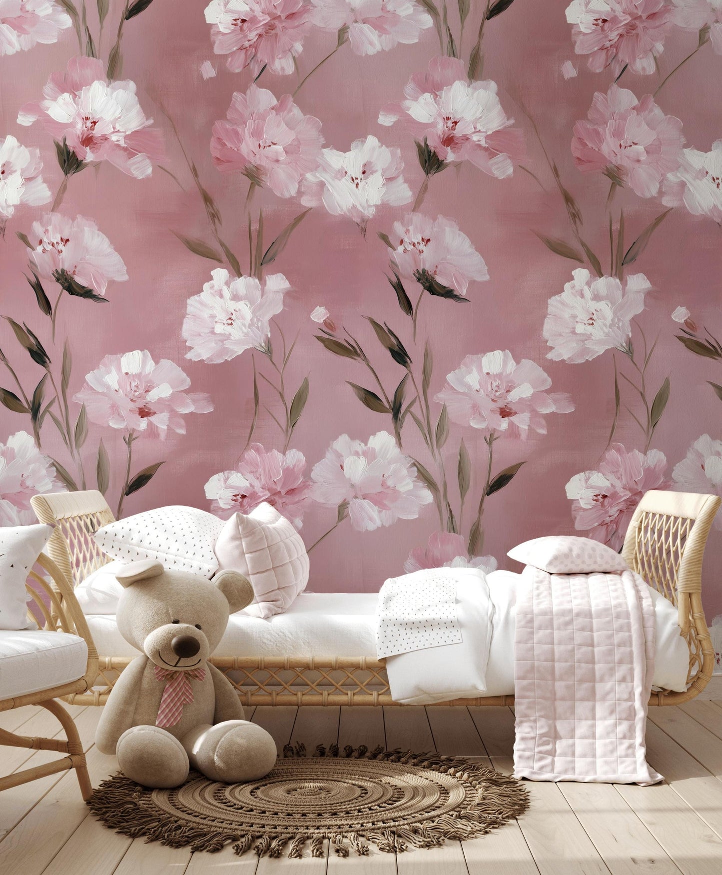 Romantic Pink Floral Wallpaper | Soft Textured Flower Wall Mural | Blush Peel and Stick Decor