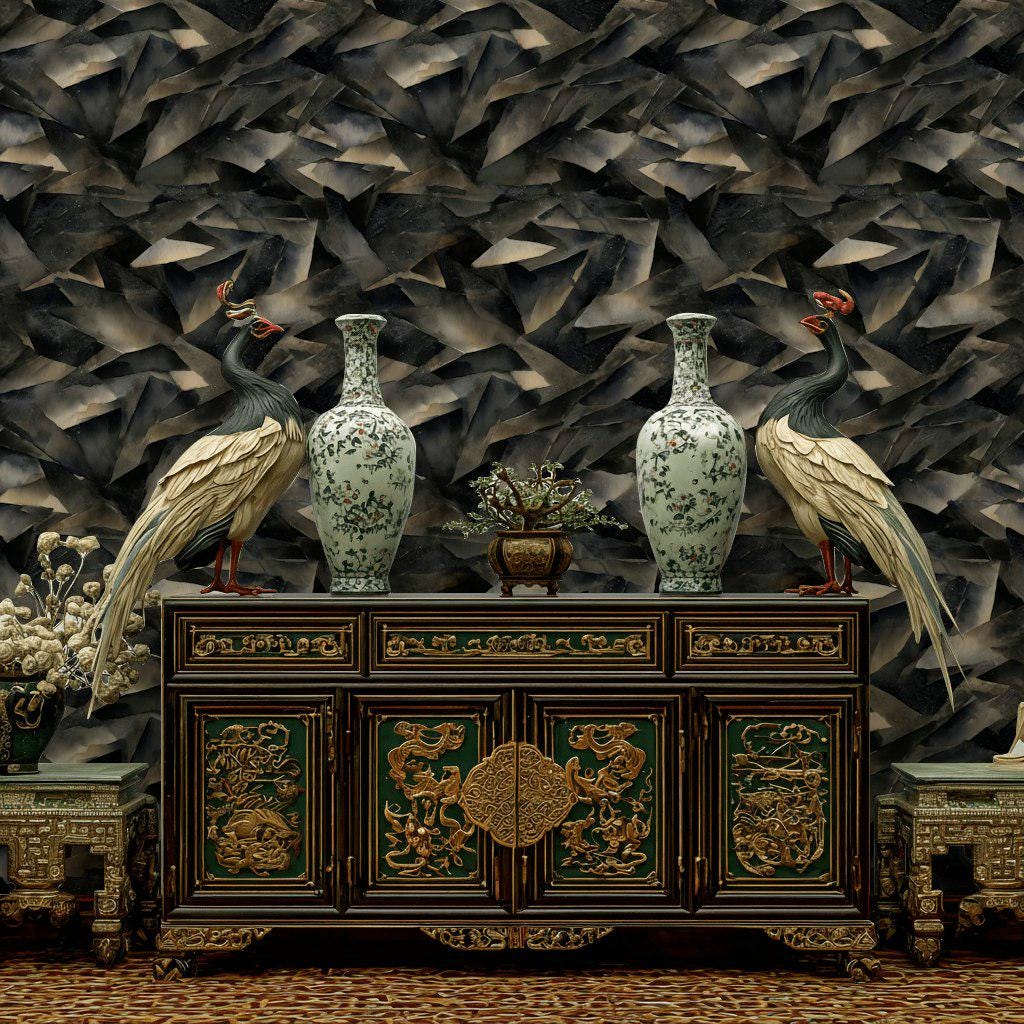 Abstract Broken Glass Wallpaper: Dark Gray Geometric Shard Mural