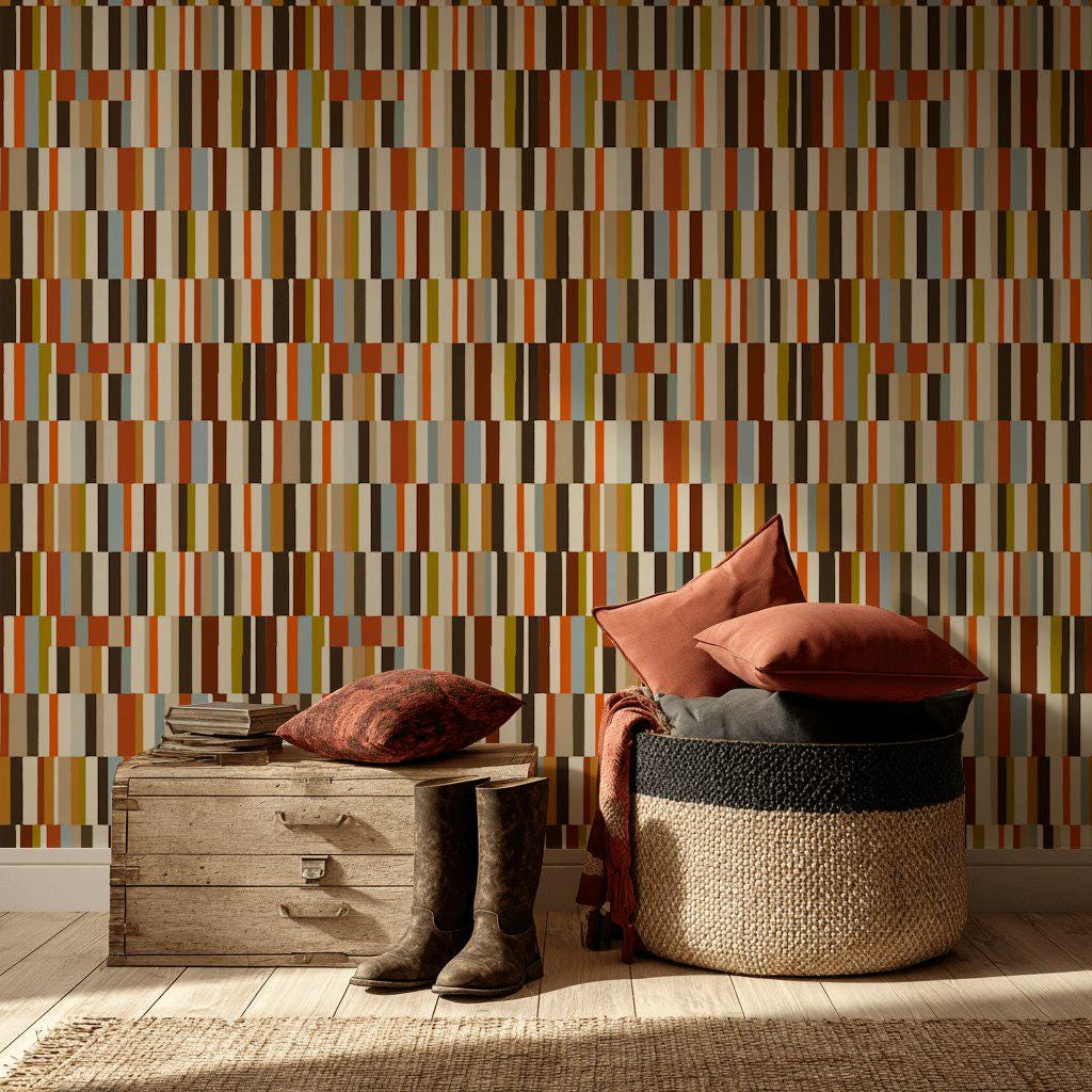 Mid-Century Modern Wallpaper, Retro Color Blocks Vertical Stripe Mural, Peel & Stick or Unpasted Panel