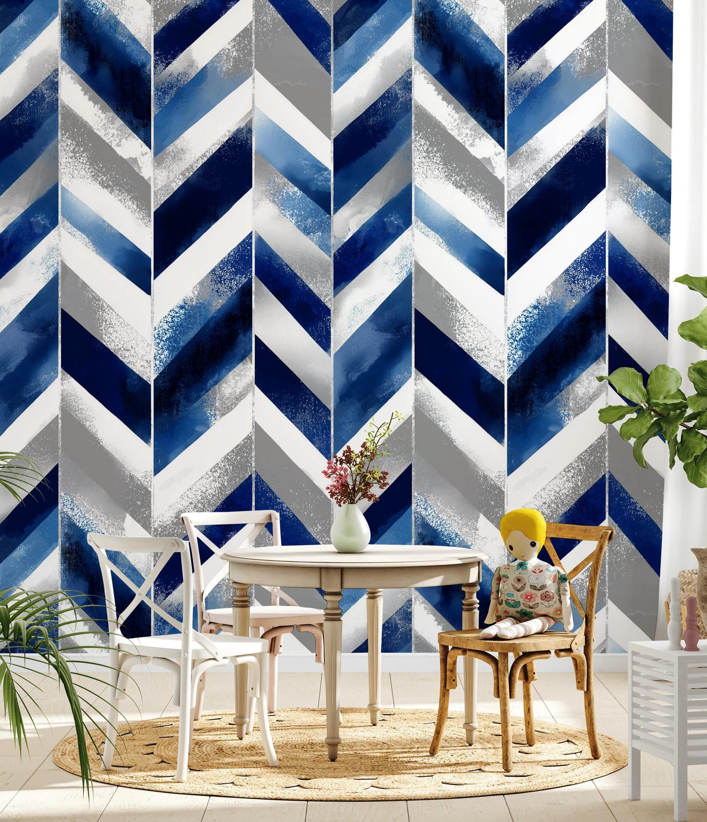 Abstract Blue Gray Chevron Wallpaper | Modern Geometric Wall Mural | Indigo Peel and Stick Decor