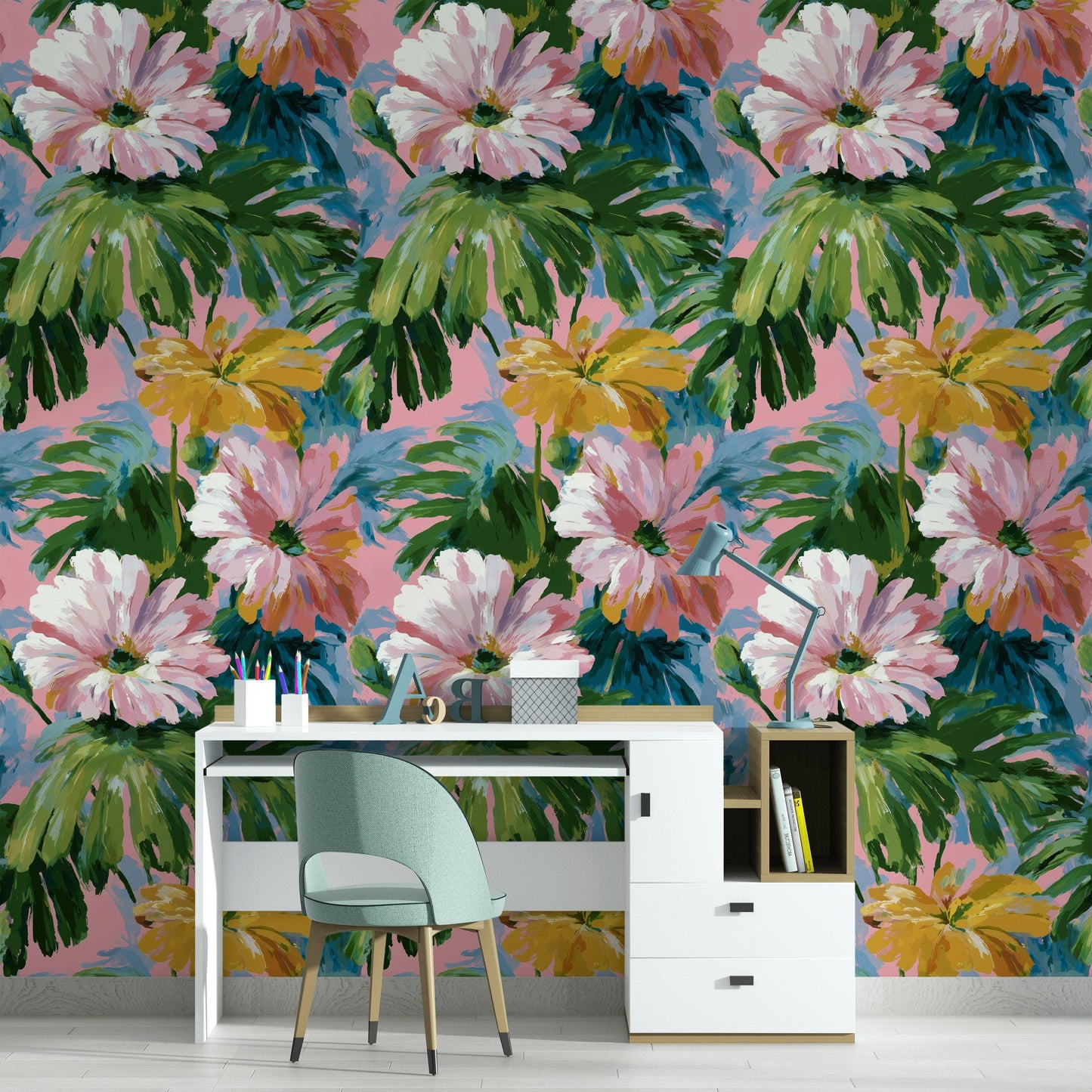 Tropical Floral Wallpaper: Impressionist Pink & Green Peel and Stick Mural