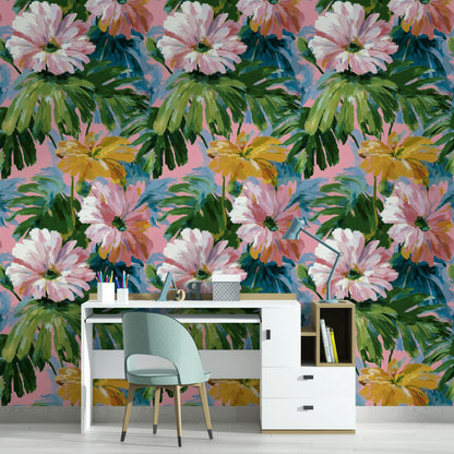 Tropical Floral Wallpaper: Impressionist Pink & Green Peel and Stick Mural