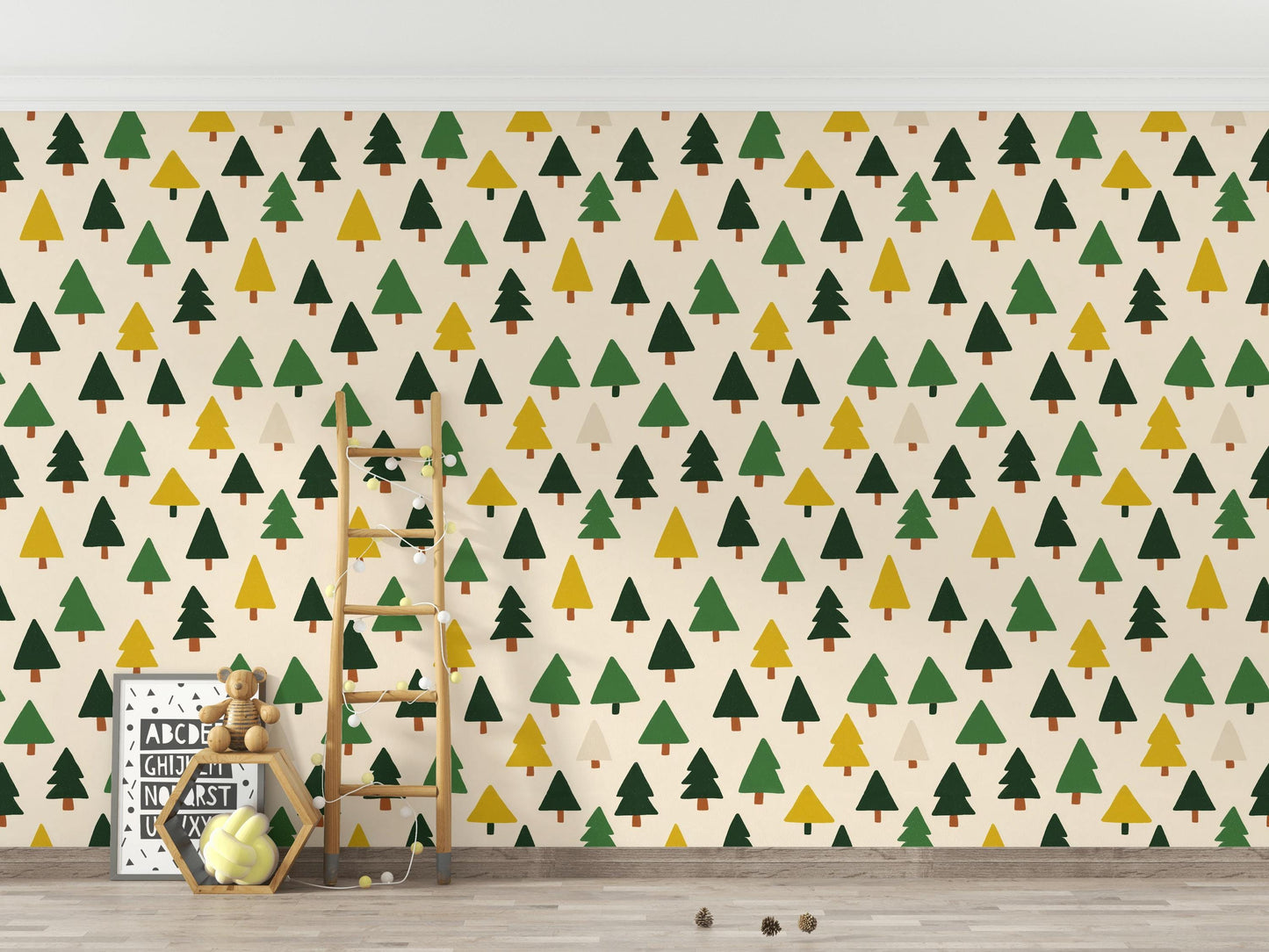 Scandi Pine Tree Wallpaper: Neutral Nursery Peel and Stick Mural