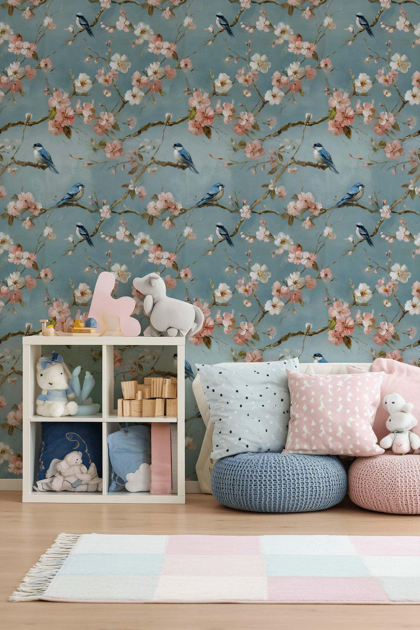 Cherry Blossom Wallpaper Mural: Peel and Stick Bird Wall Decor