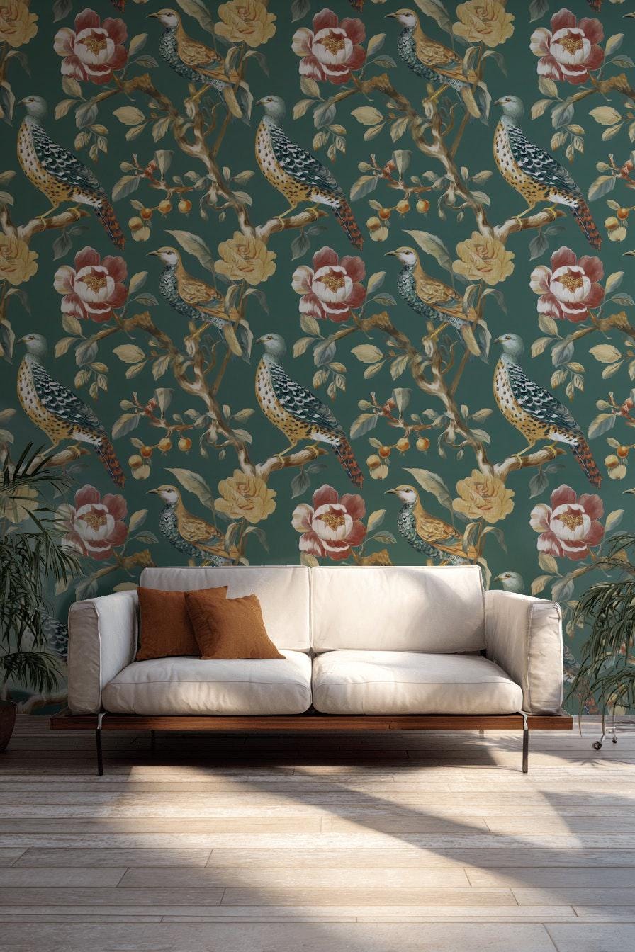 Chinoiserie Bird Wallpaper: Dark Green Floral Peel and Stick Mural