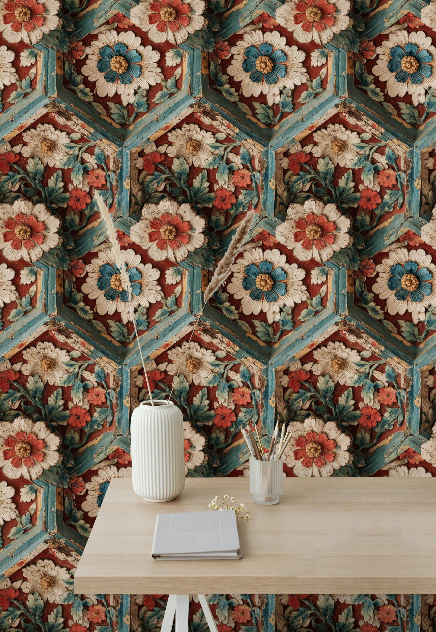 Faux Carved Wood Wallpaper: 3D Floral Peel and Stick Wall Mural