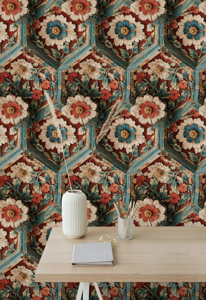 Faux Carved Wood Wallpaper: 3D Floral Peel and Stick Wall Mural