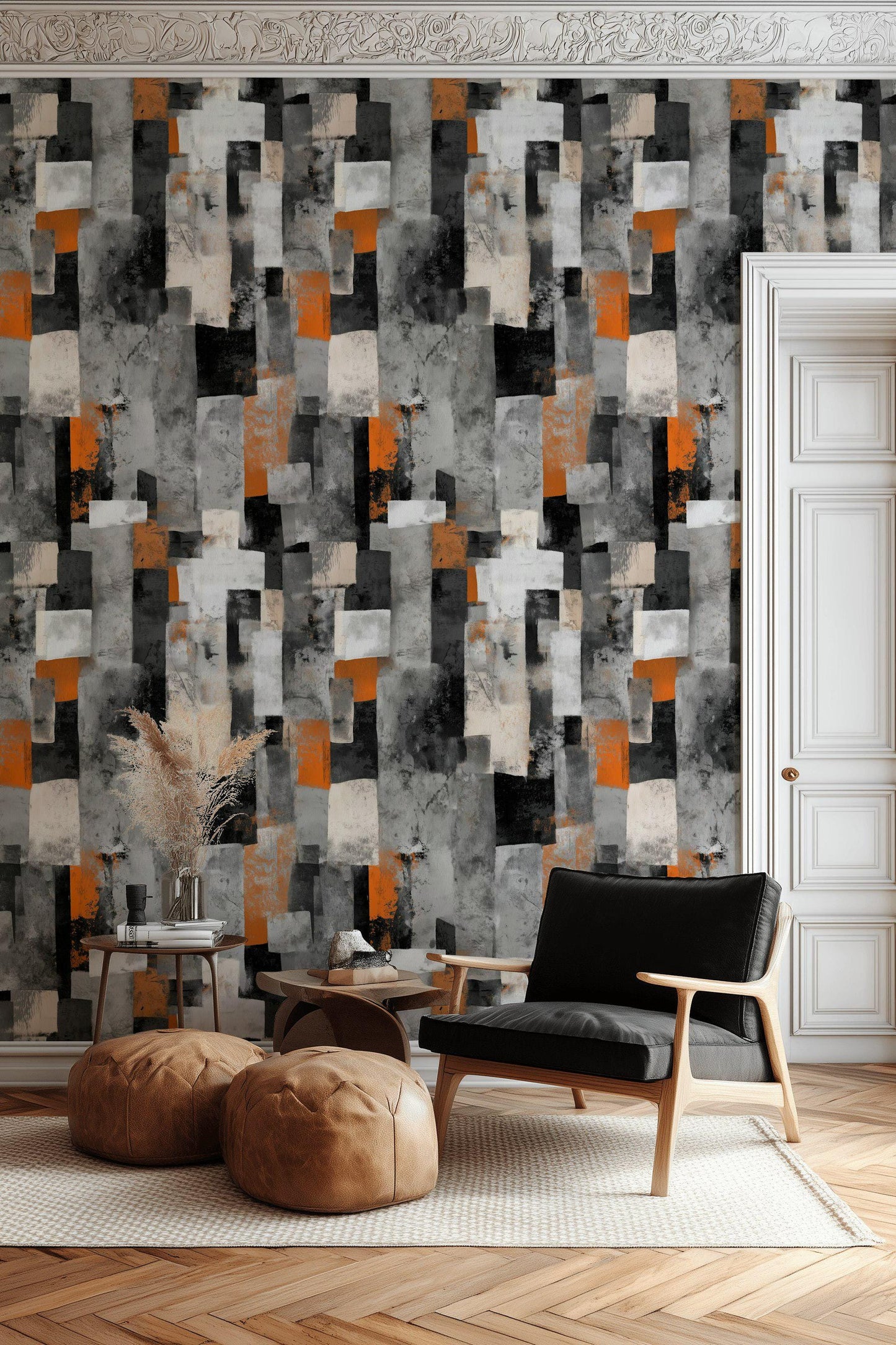 Geometric Block Wallpaper Mural: Orange, Grey, Black Peel and Stick Art