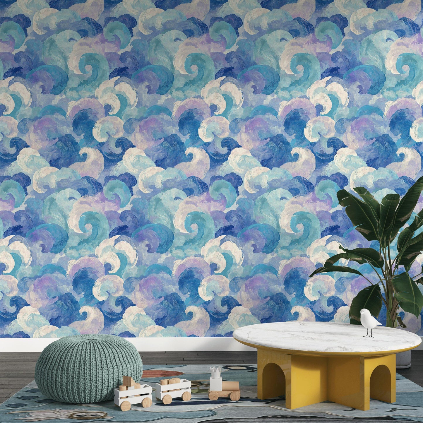 Blue Purple Wave Wallpaper Mural: Abstract Ocean Swirl (Peel & Stick or Unpasted)
