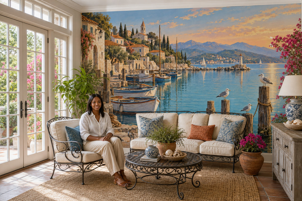 Mediterranean Coastal Harbor Wallpaper Sunset Village Wall Mural