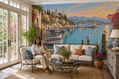 Mediterranean Coastal Harbor Wallpaper Sunset Village Wall Mural