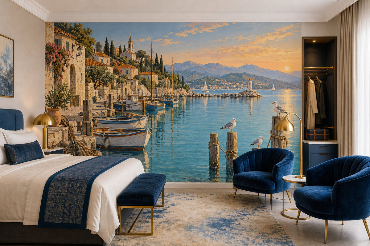 Mediterranean Coastal Harbor Wallpaper Sunset Village Wall Mural
