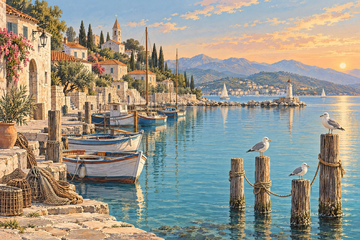 Mediterranean Coastal Harbor Wallpaper Sunset Village Wall Mural