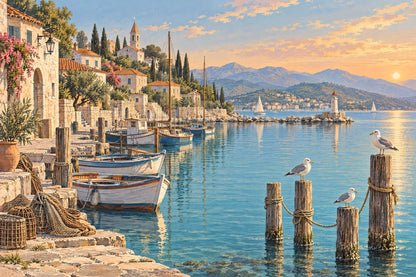 Mediterranean Coastal Harbor Wallpaper Sunset Village Wall Mural