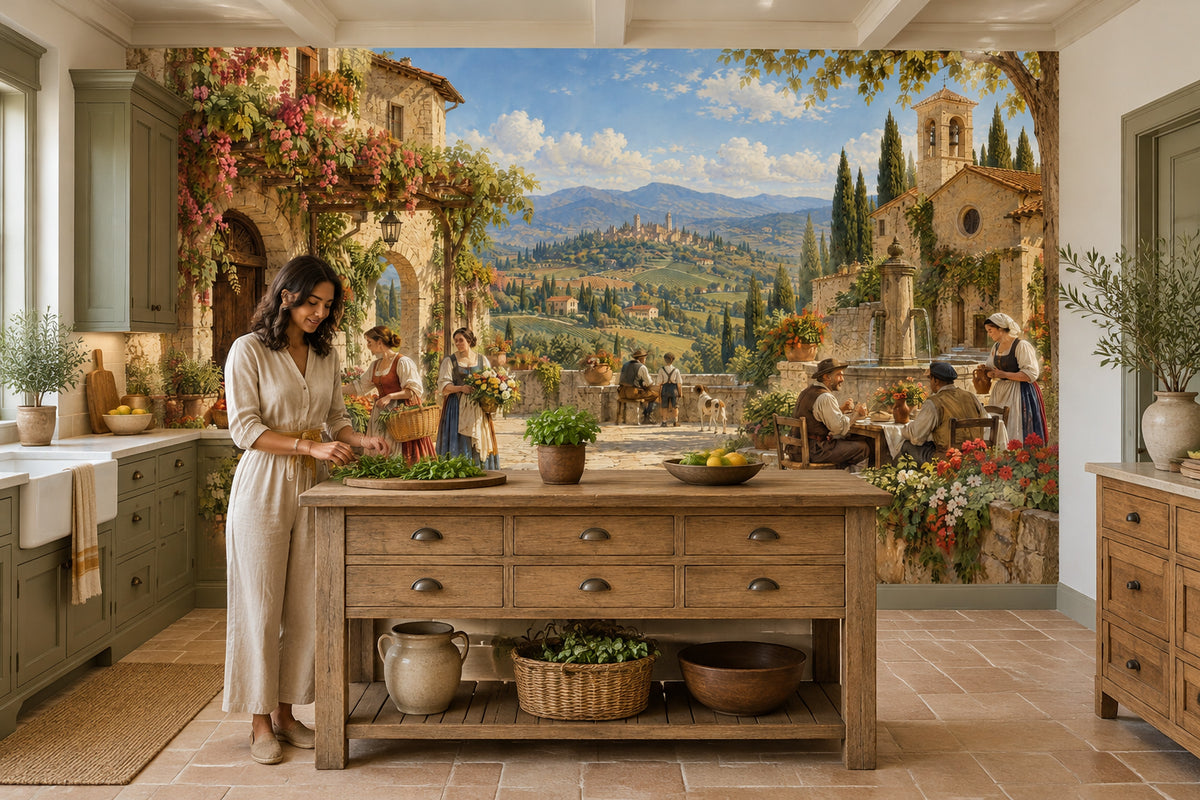 Tuscan Market Square Wallpaper Panoramic Stone Village Wall Mural