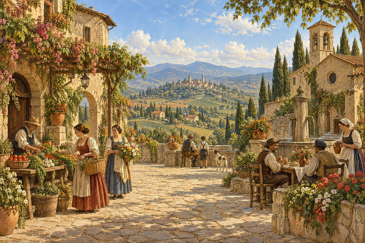 Tuscan Market Square Wallpaper Panoramic Stone Village Wall Mural