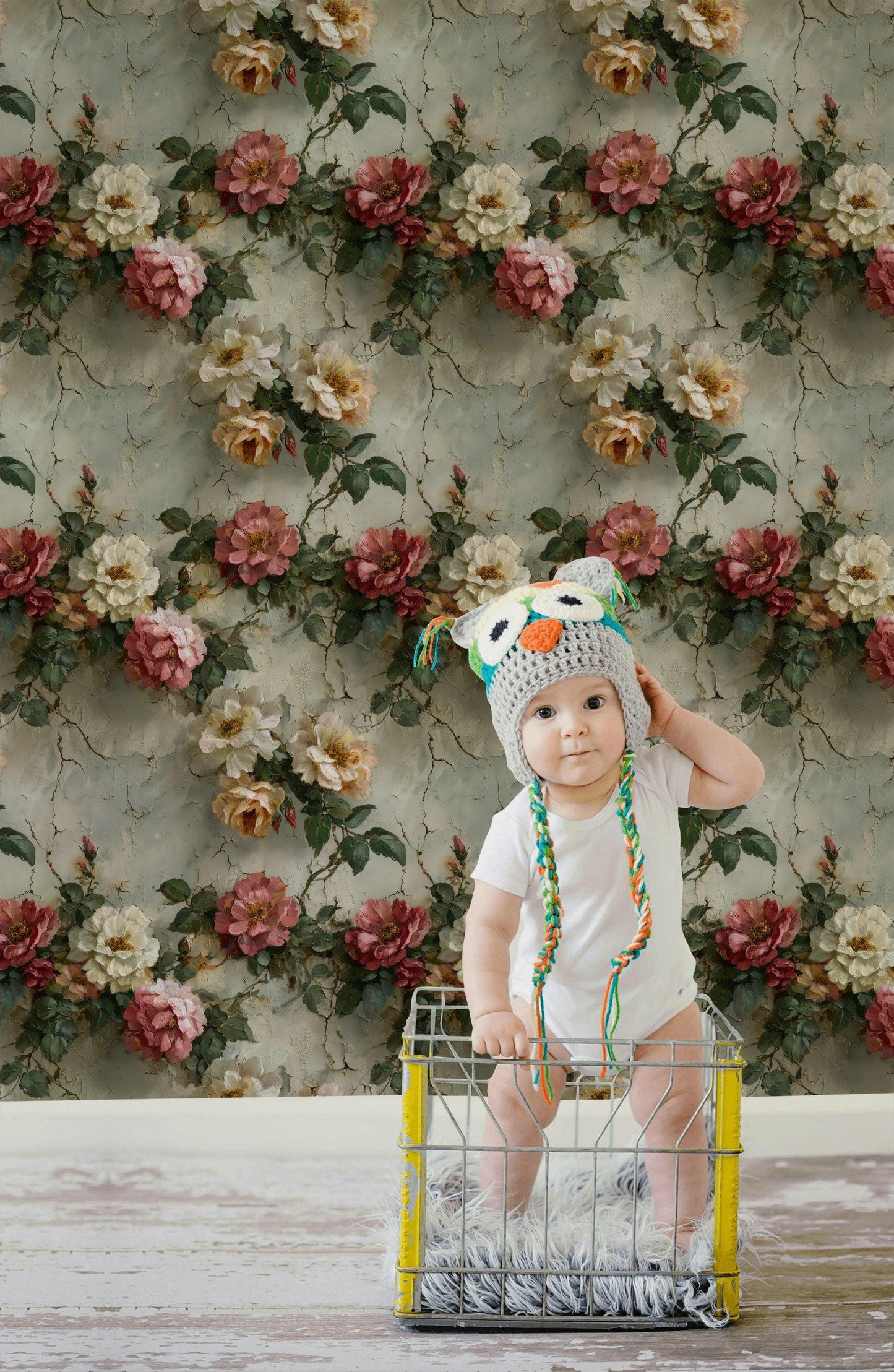 Rose Mural Wallpaper: Shabby Chic Crackle Effect (Peel & Stick)