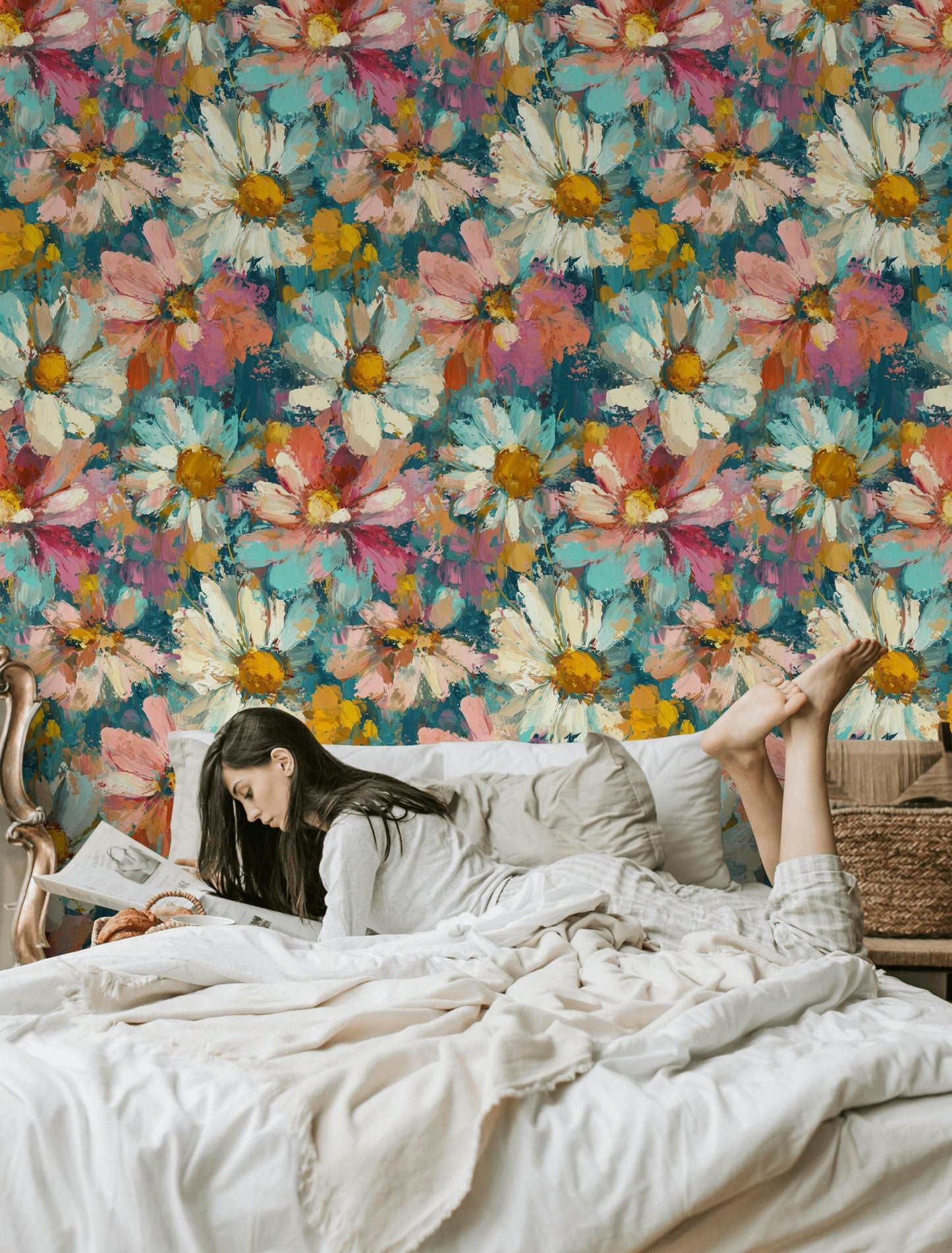 Impressionist Daisy Wallpaper Mural: Vibrant Floral Peel and Stick Art