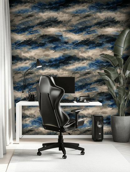 Abstract Stormy Sky Wallpaper: Modern Blue Gray Peel and Stick Wall Mural
