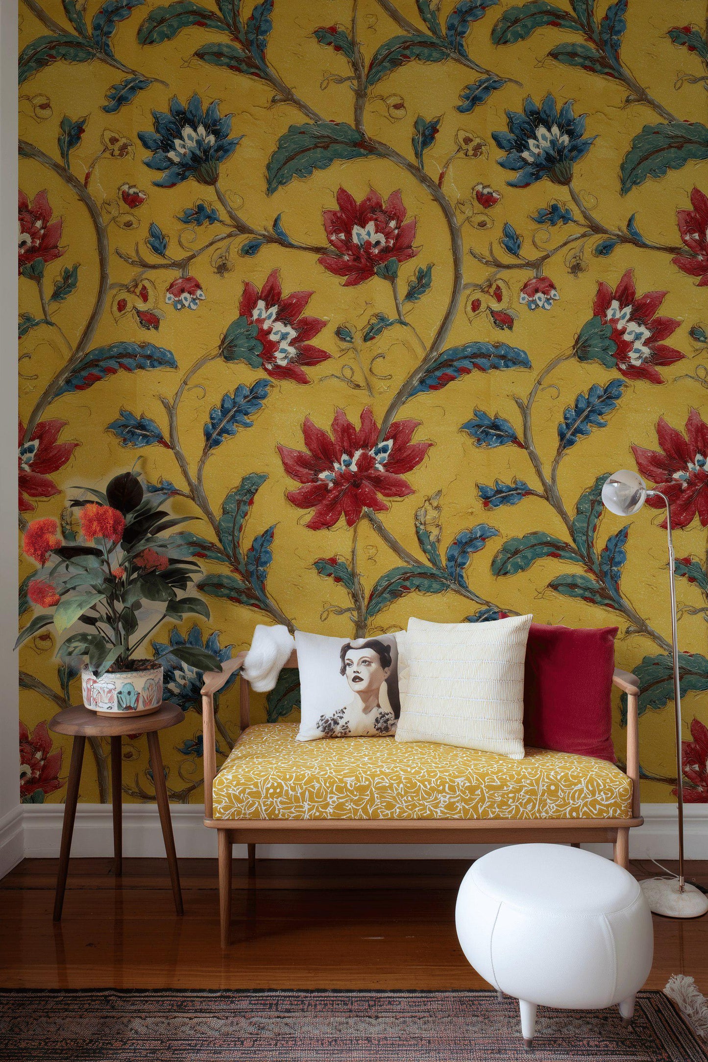 Vintage Floral Wallpaper Mural: Yellow, Red & Blue Botanical Peel and Stick