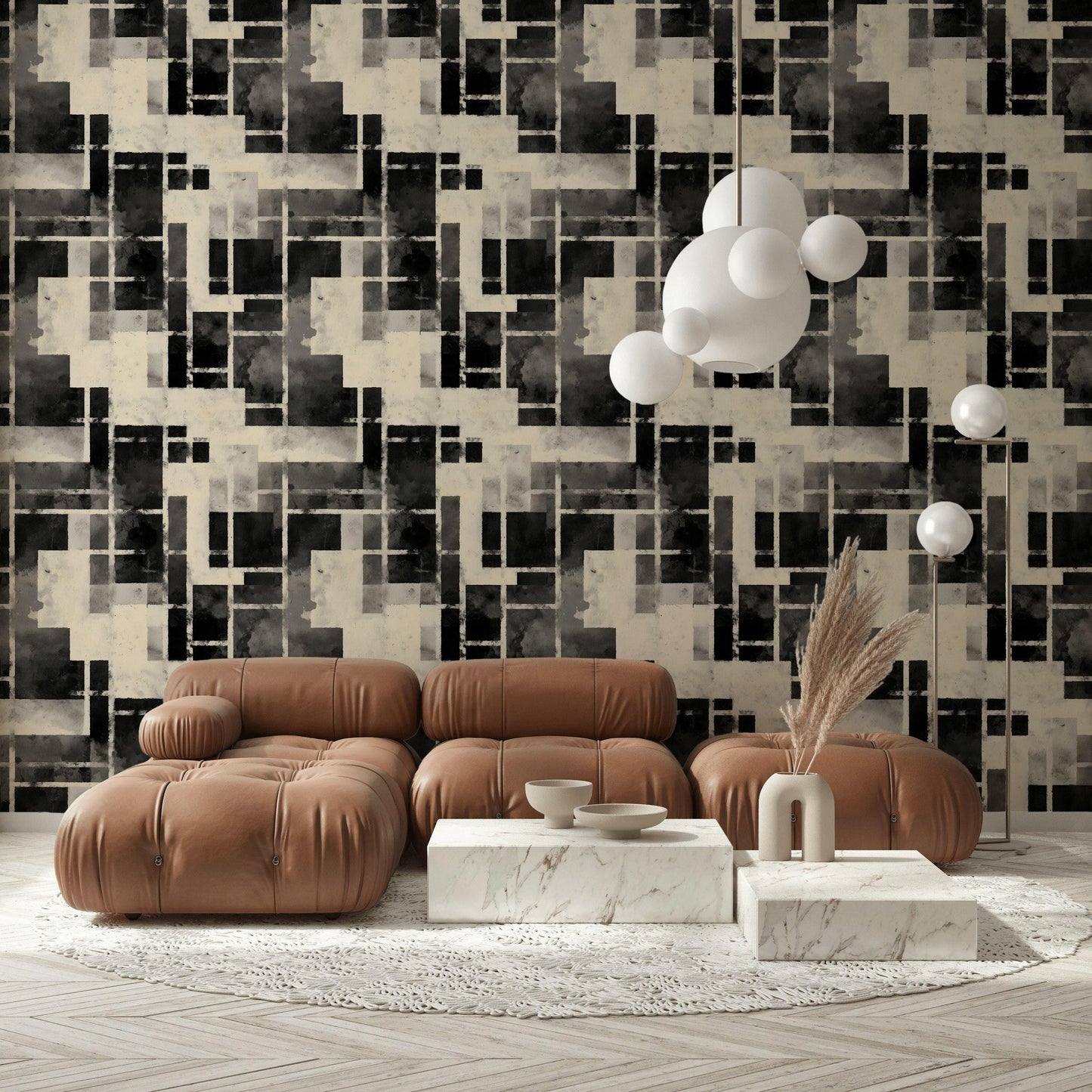 Monochrome Bauhaus Wallpaper: Abstract Watercolor Grid, Peel & Stick Mural