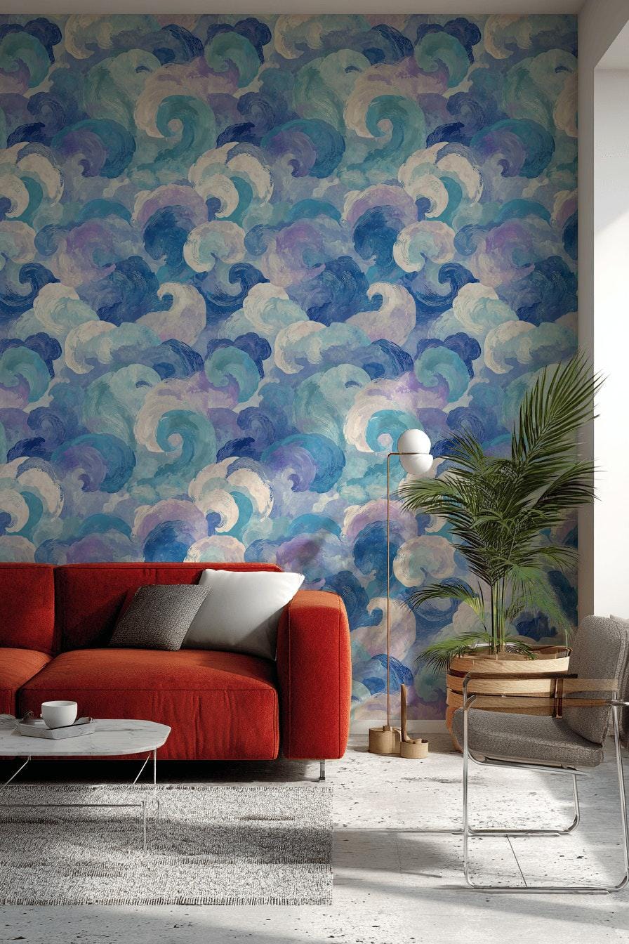 Blue Purple Wave Wallpaper Mural: Abstract Ocean Swirl (Peel & Stick or Unpasted)