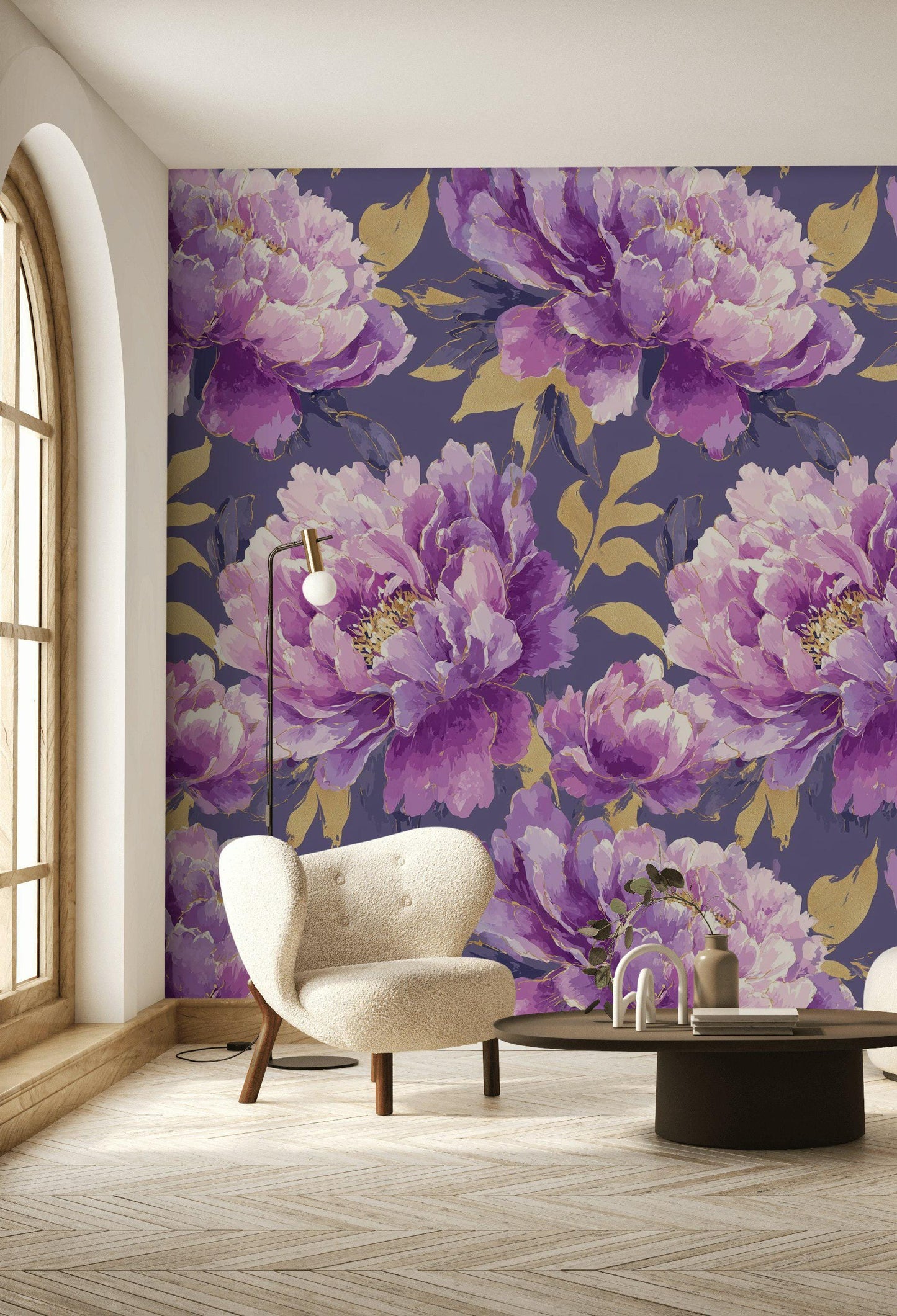 Purple & Gold Peony Wallpaper: Glam Botanical Peel and Stick Mural