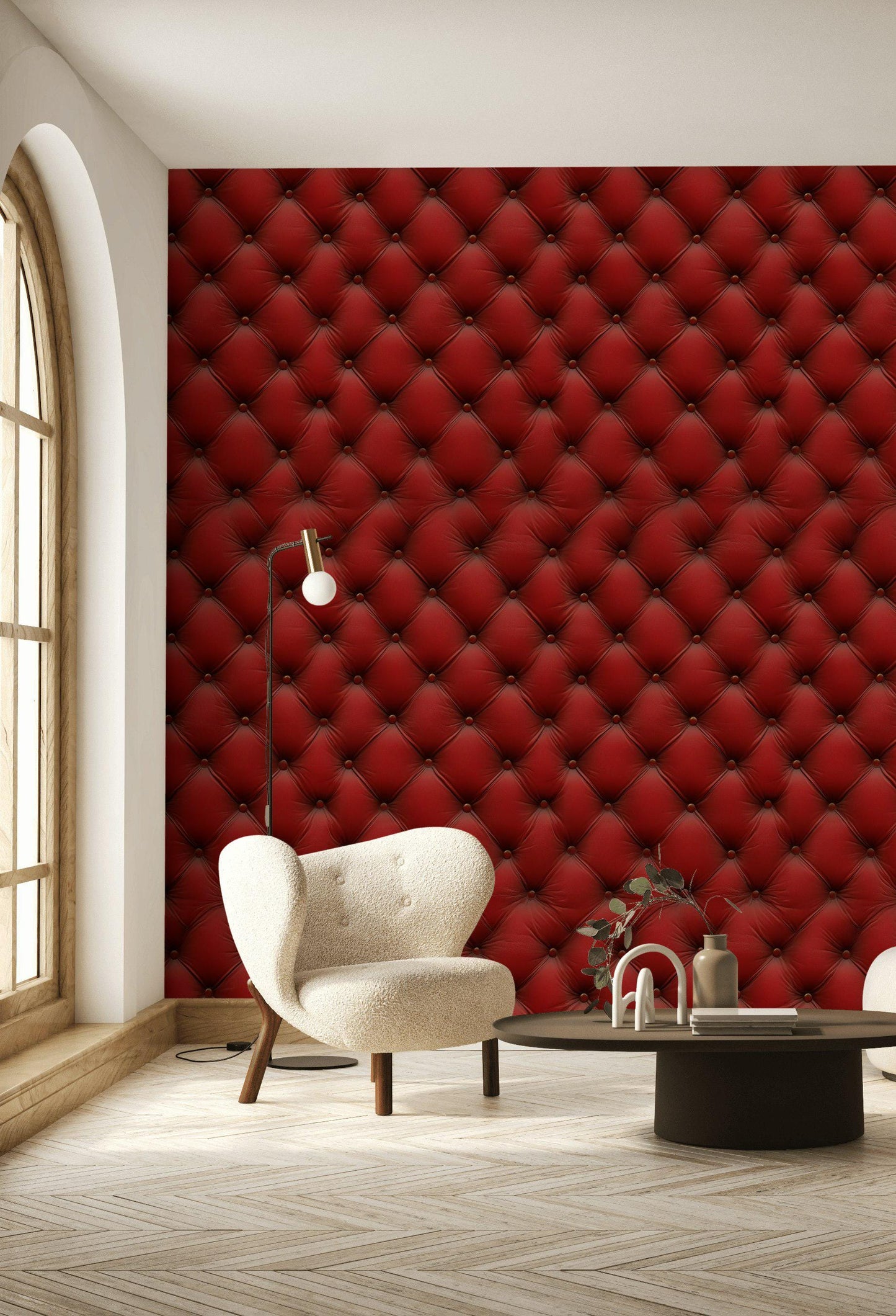 Red Tufted Texture Wallpaper, Chesterfield 3D Effect Vertical Panel, Peel & Stick or Unpasted Mural