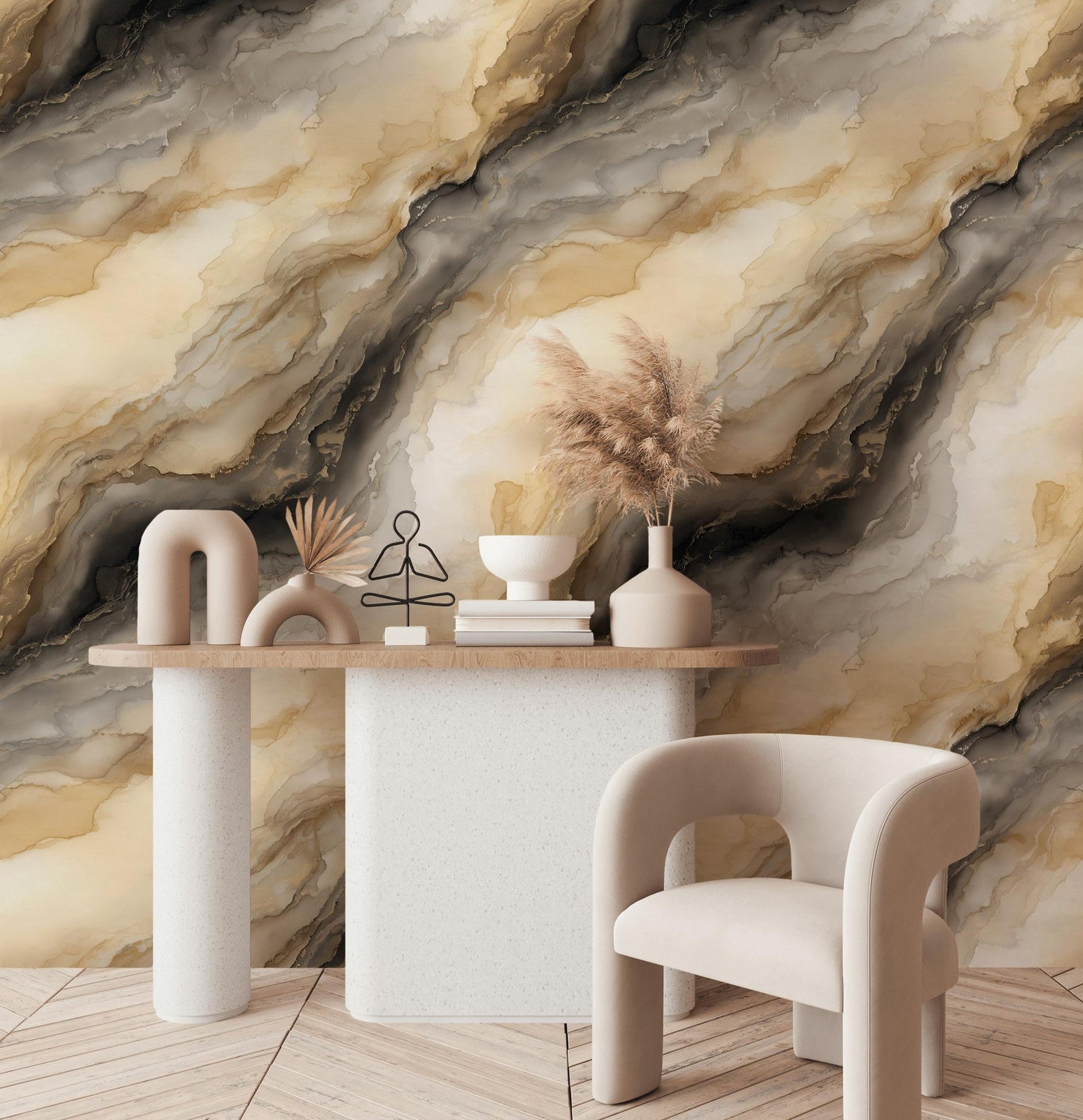 Abstract Gold Marble Wallpaper | Neutral Fluid Art Wall Mural | Modern Peel and Stick Decor