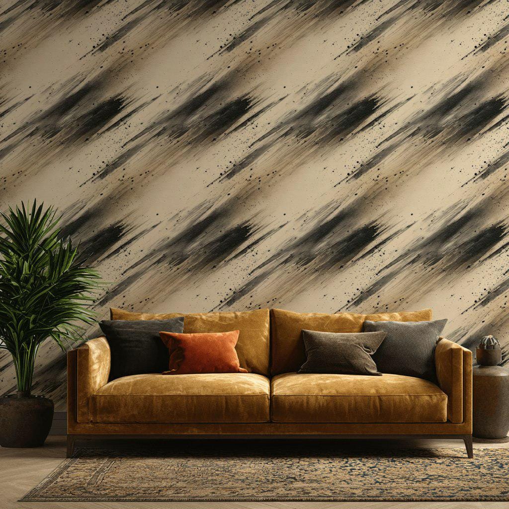 Abstract Ink Splatter Wallpaper: Black Beige Brushstrokes, Peel & Stick Mural