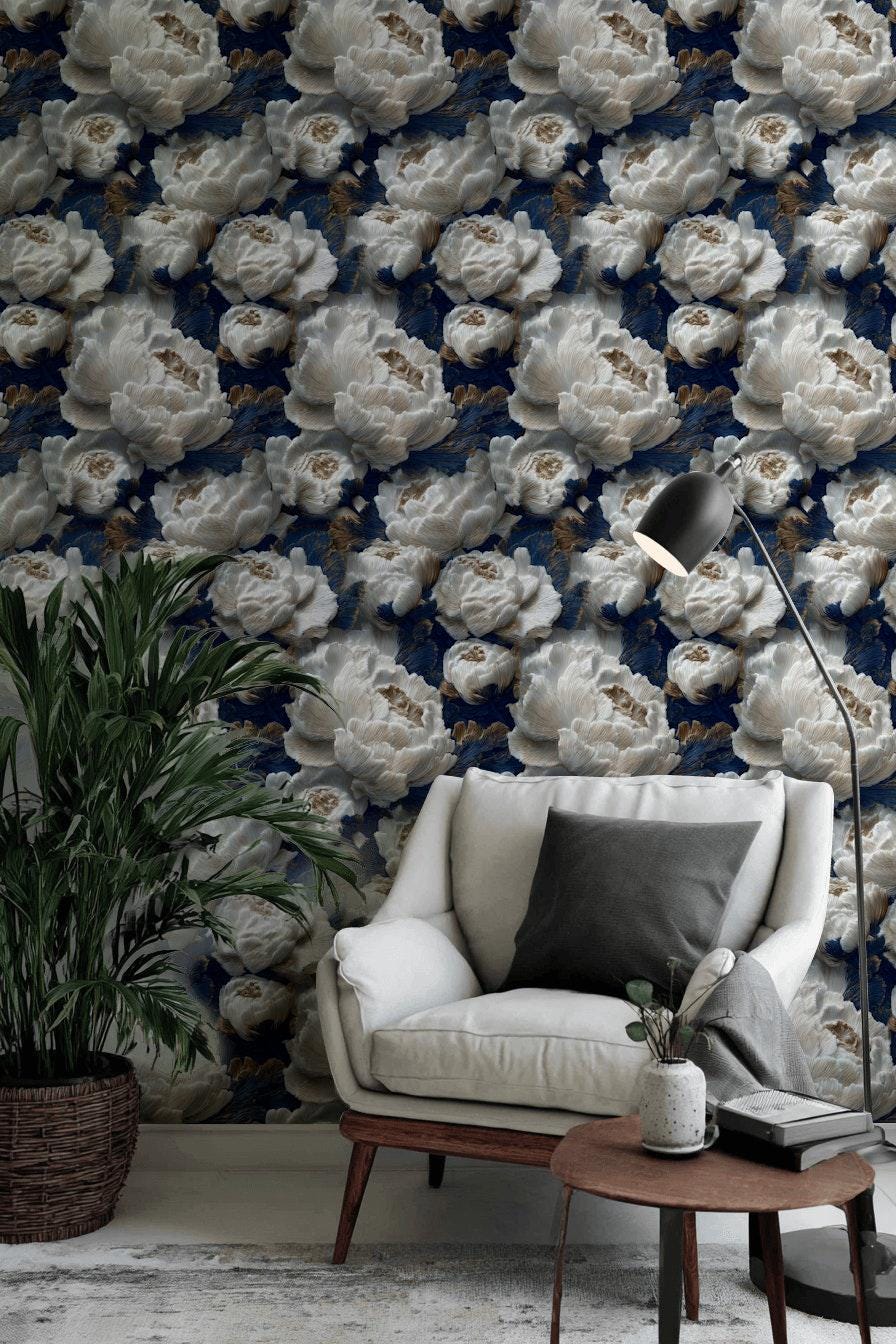 Textured Peony Flower Wallpaper: Navy Blue & Gold Glam Mural