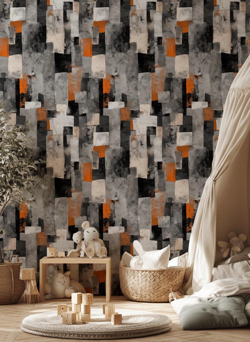 Geometric Block Wallpaper Mural: Orange, Grey, Black Peel and Stick Art