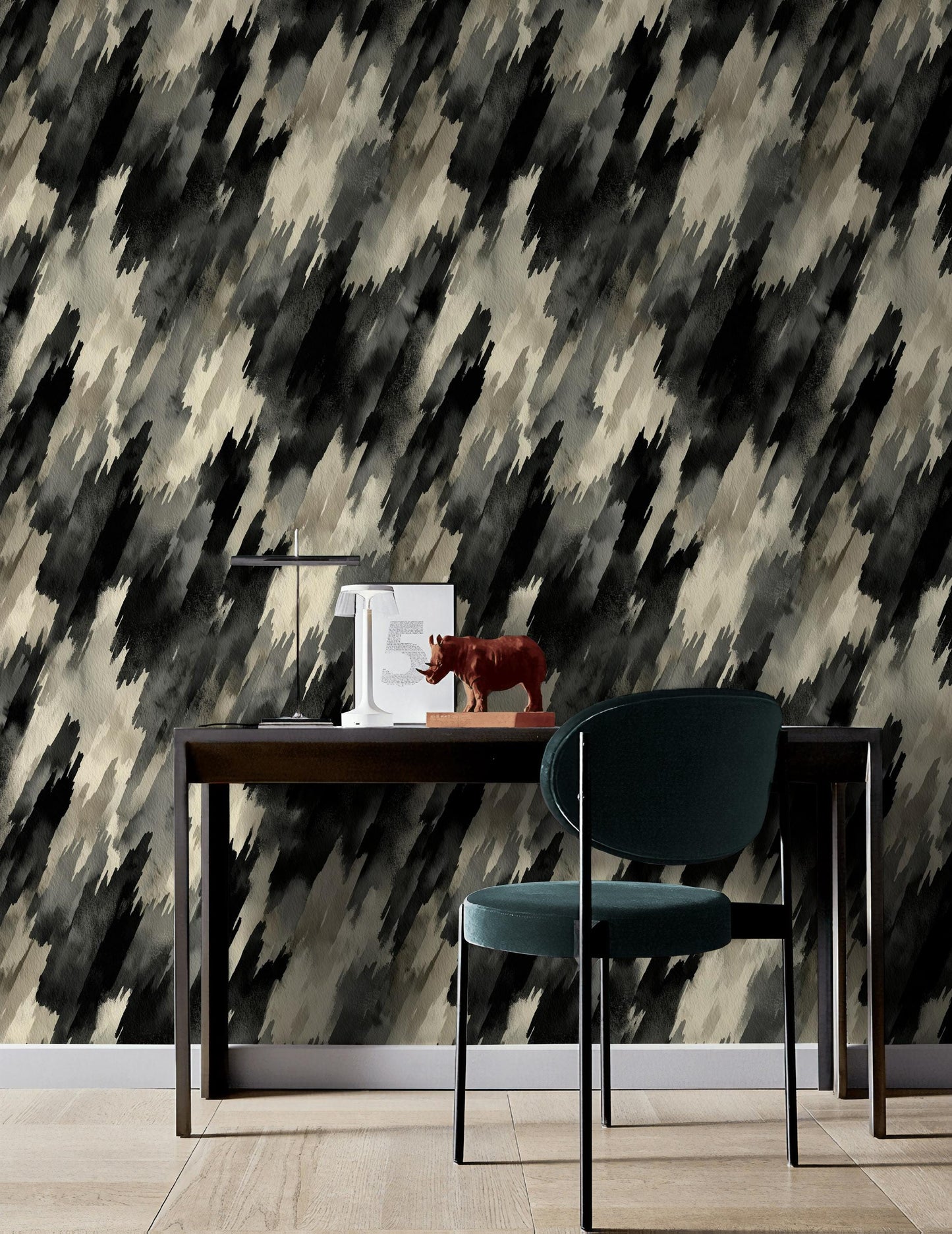 Abstract Diagonal Brushstroke Wallpaper, Black Gray Watercolor Peel & Stick or Unpasted Vertical Wall Mural