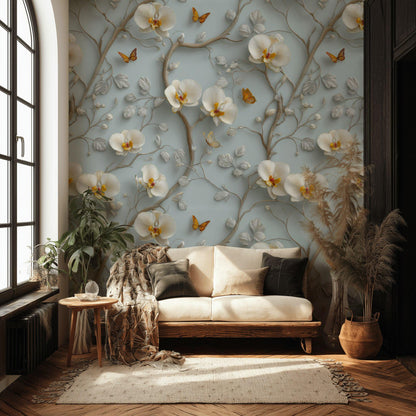 3D Orchid Wallpaper: Blue & White Butterfly Wall Mural - Peel and Stick