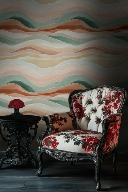 Pastel Abstract Waves Peel and Stick Wallpaper: Boho Minimalist Wall Mural