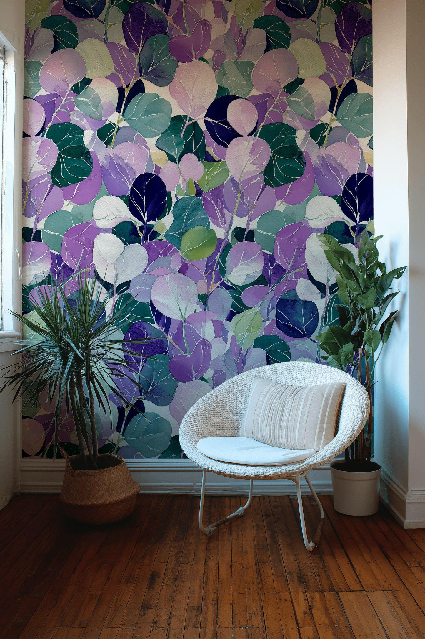 Watercolor Leaf Peel and Stick Wallpaper: Purple Green Botanical Wall Mural